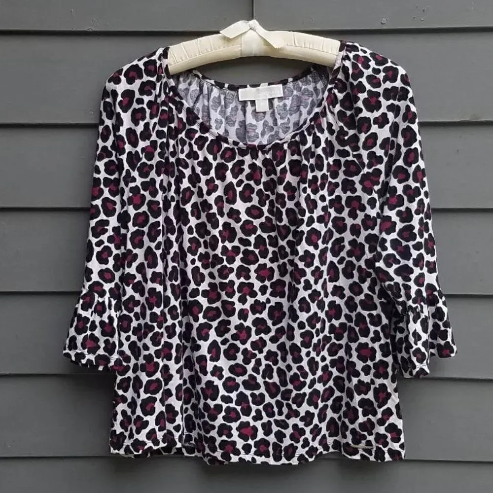 Michael Kors Leopard Print Peasant Boho Top with Ruffle Sleeves size XL